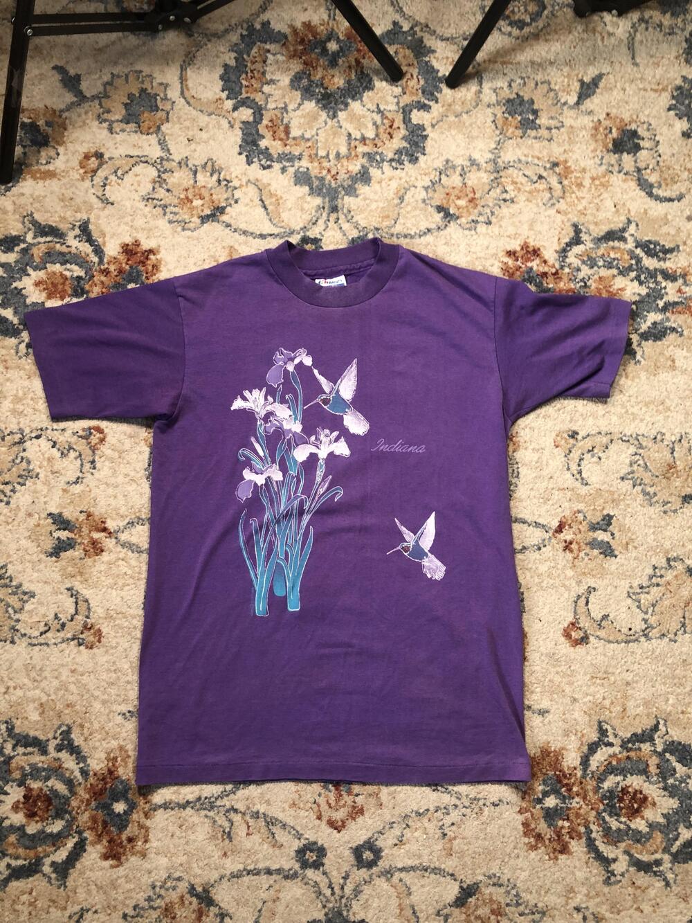 Vintage Indiana Shirt Mens Medium Hanes Fifty Fifty Hummingbird Flower 90s
